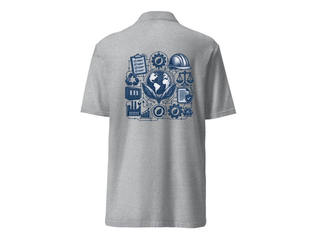 Sustainability & Compliance polo shirt, white, back view with blue globe and compliance icons graphic – Marfz.pk