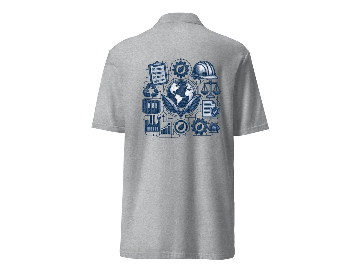 Sustainability & Compliance polo shirt, white, back view with blue globe and compliance icons graphic – Marfz.pk