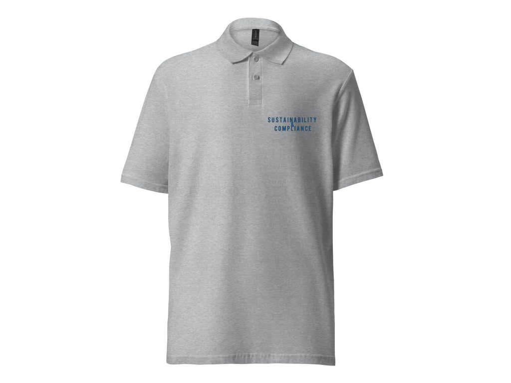 Sustainability & Compliance unisex pique polo shirt, heather grey, front view with blue chest text – Marfz.pk
