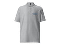 Sustainability & Compliance unisex pique polo shirt, heather grey, front view with blue chest text – Marfz.pk