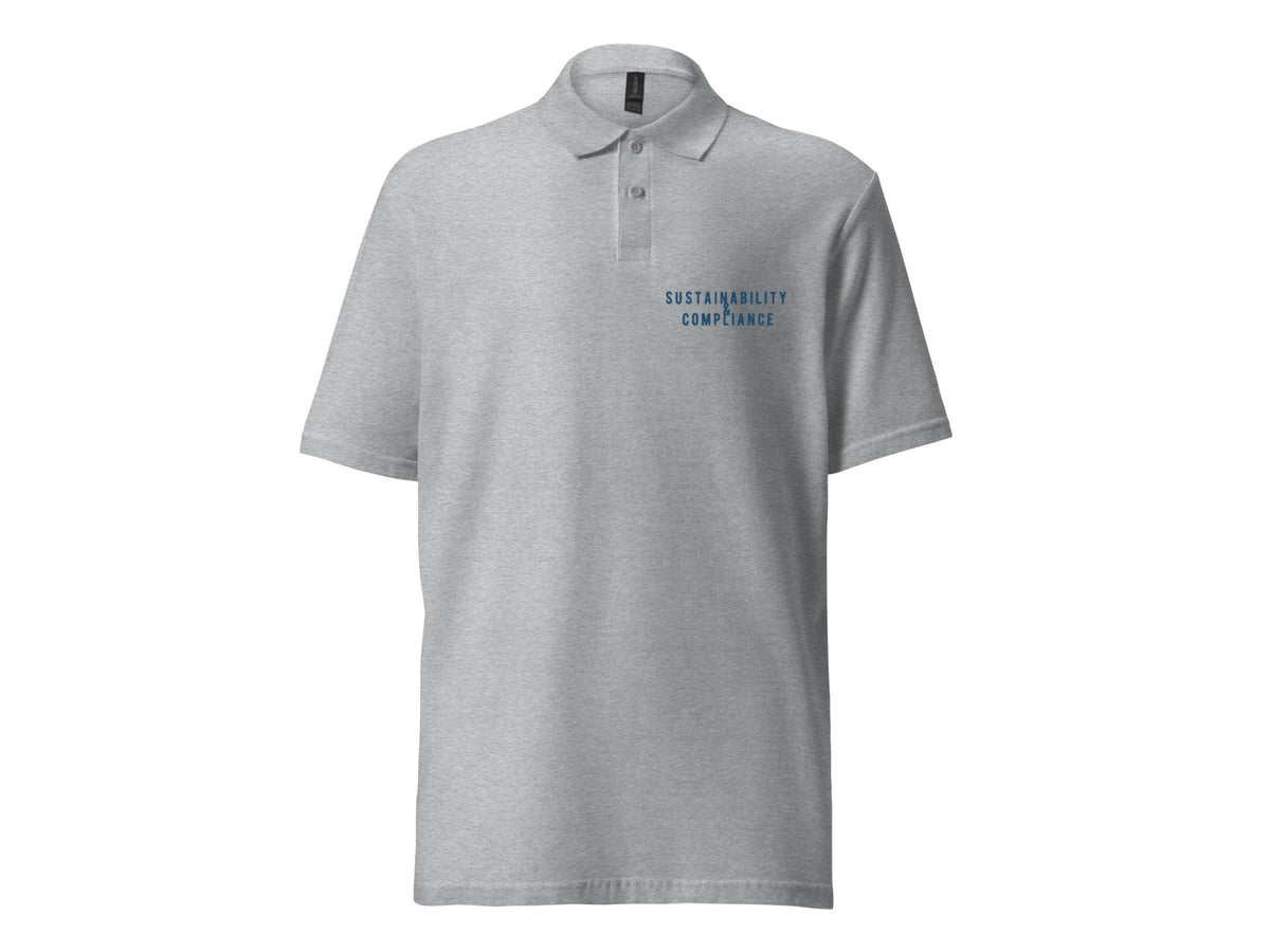 Sustainability & Compliance unisex pique polo shirt, heather grey, front view with blue chest text – Marfz.pk