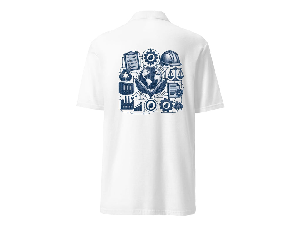 Sustainability & Compliance polo shirt, white, back view with blue globe and compliance icons graphic – Marfz.pk