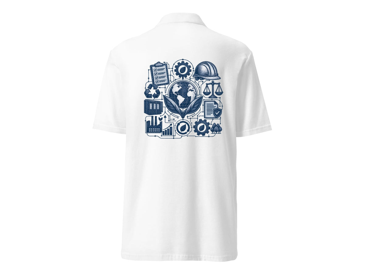 Sustainability & Compliance polo shirt, white, back view with blue globe and compliance icons graphic – Marfz.pk