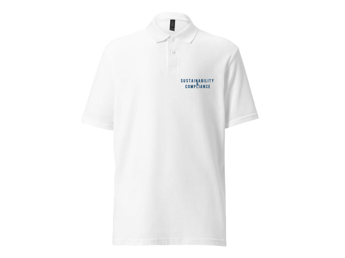 Sustainability & Compliance unisex pique polo shirt, white, front view with blue chest text – Marfz.pk
