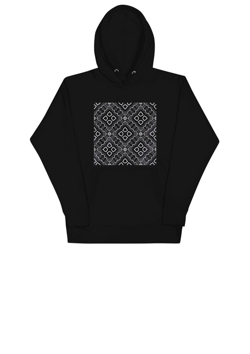 A black pullover hoodie with a square graphic print on the chest featuring a white and gray geometric bandana pattern, displayed against a solid white background.