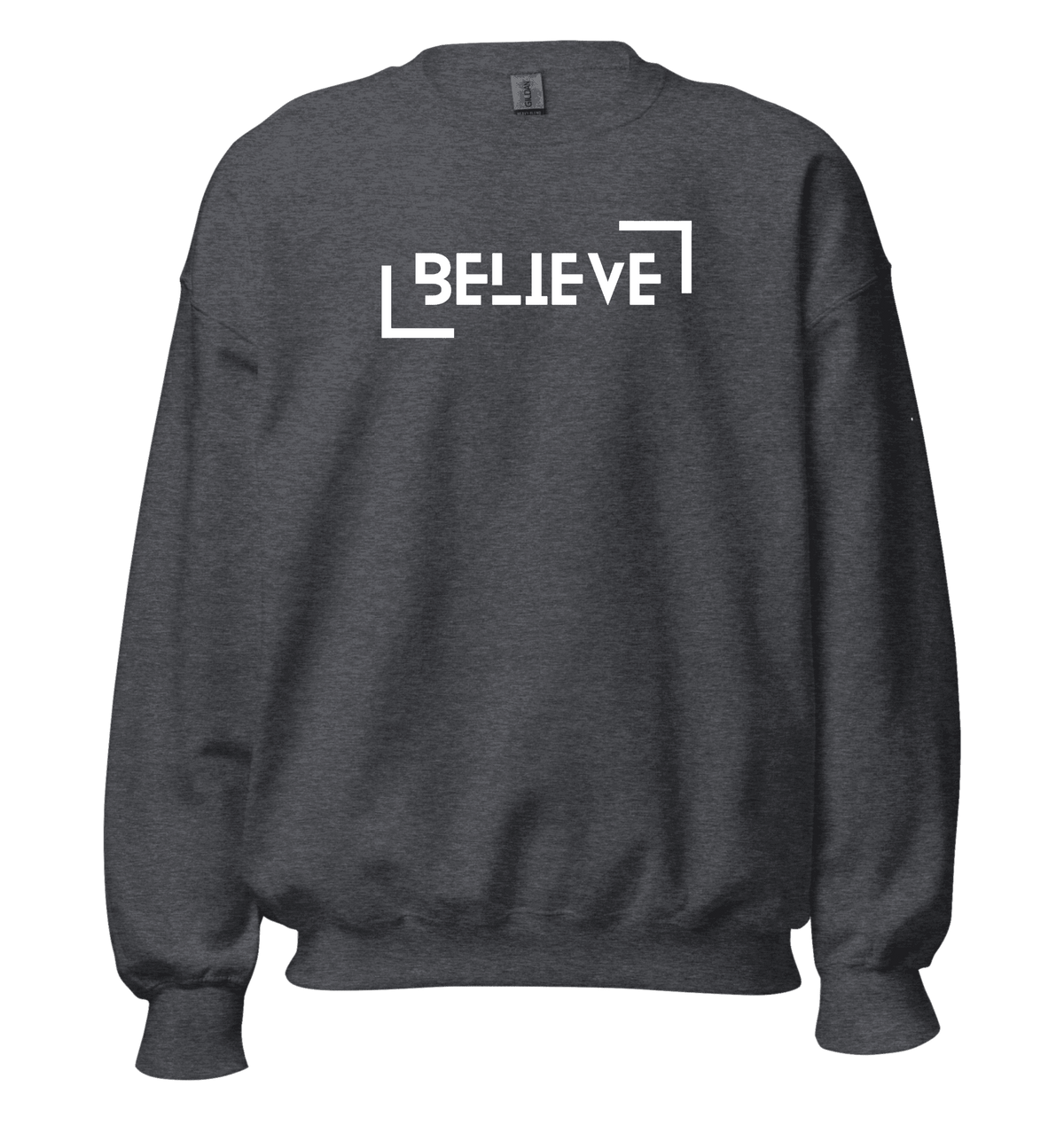 A dark heather gray crewneck sweatshirt with the word 'BELIEVE' printed in white across the chest, framed by white geometric lines.