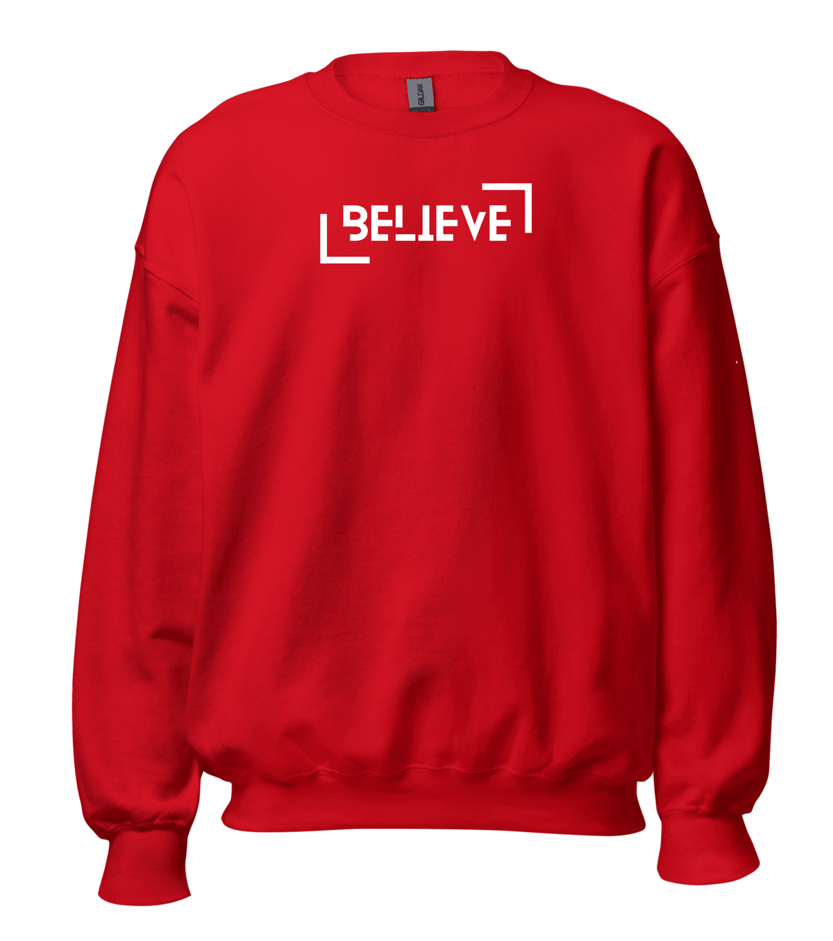 A bright red crewneck sweatshirt with the word 'BELIEVE' printed in white across the chest, framed by white geometric corner brackets. The sweatshirt is shown flat against a solid white background.
