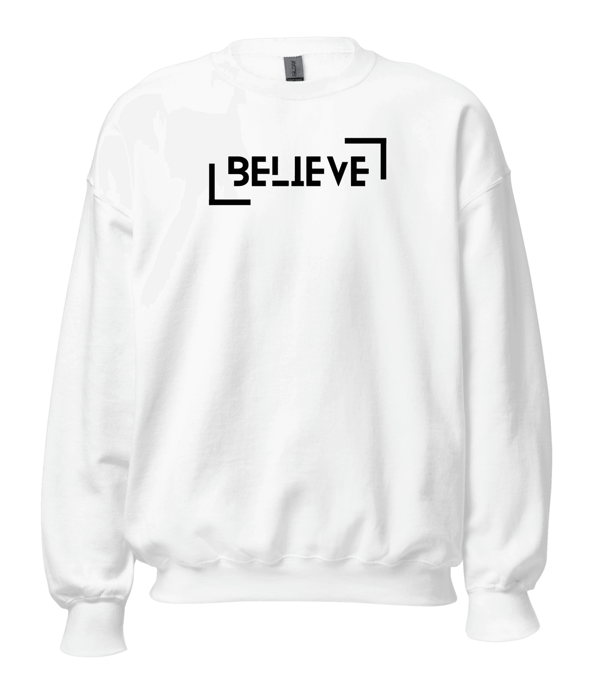 A white crewneck sweatshirt with a black graphic print on the chest that reads 'BELIEVE' in a stylized block font with geometric corner brackets.