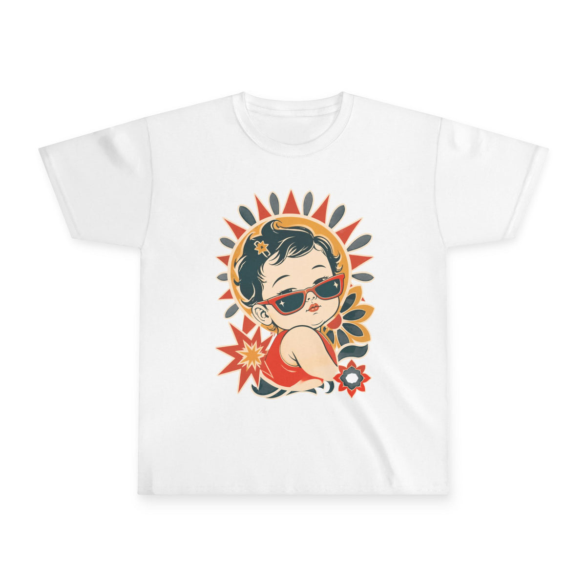 White oversized printed t-shirt for girls with vintage retro graphic