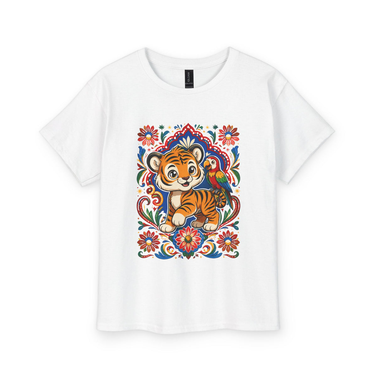 White truck-art t-shirt for girls with tiger and parrot print - Marfz.pk