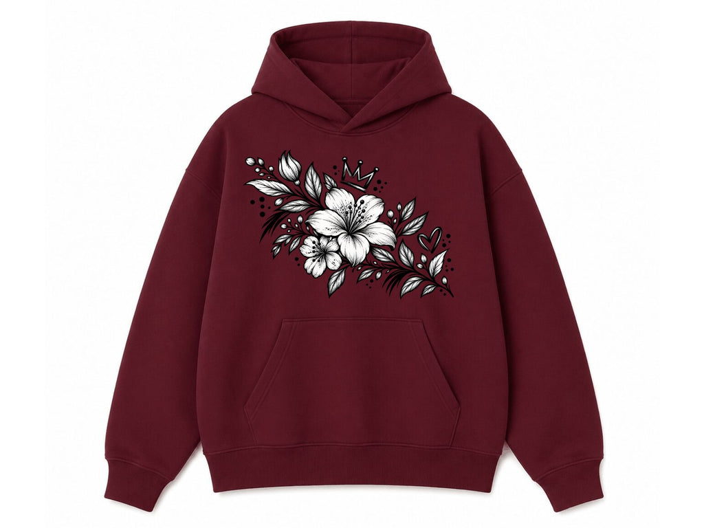 A maroon pullover hoodie with a white and black floral graphic printed on the chest, displayed against a solid white background.