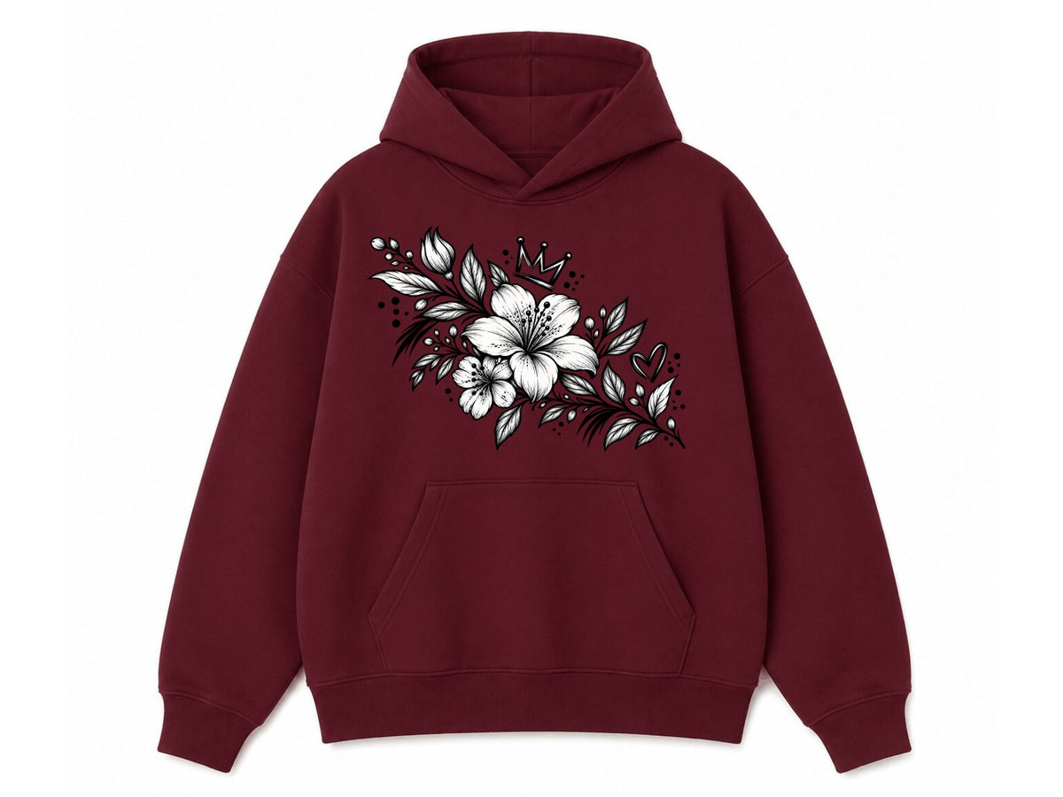 A maroon pullover hoodie with a white and black floral graphic printed on the chest, displayed against a solid white background.
