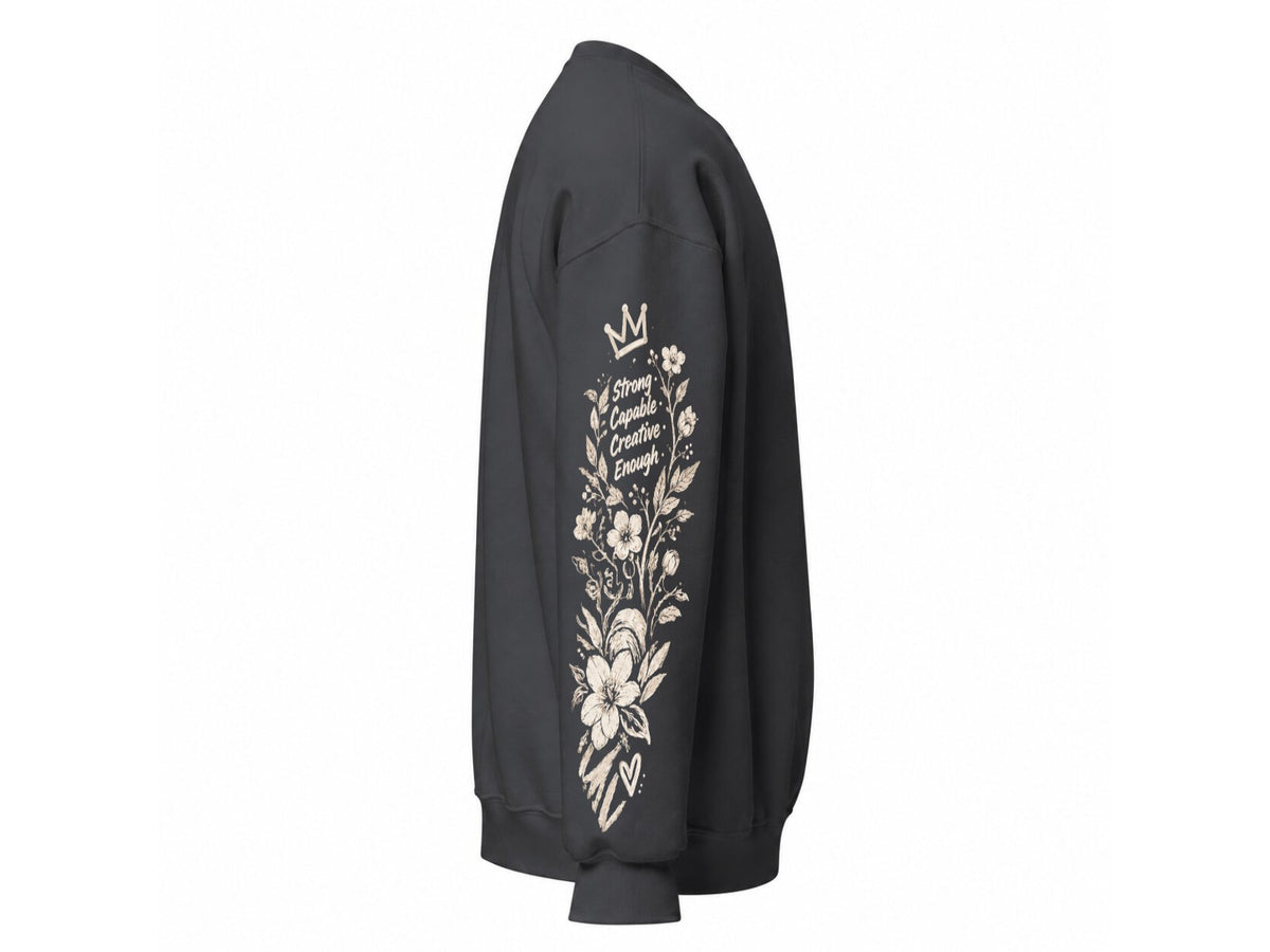 Charcoal Grey women's sweatshirt, right sleeve with crown and floral wreath print – Marfz.pk Pakistan