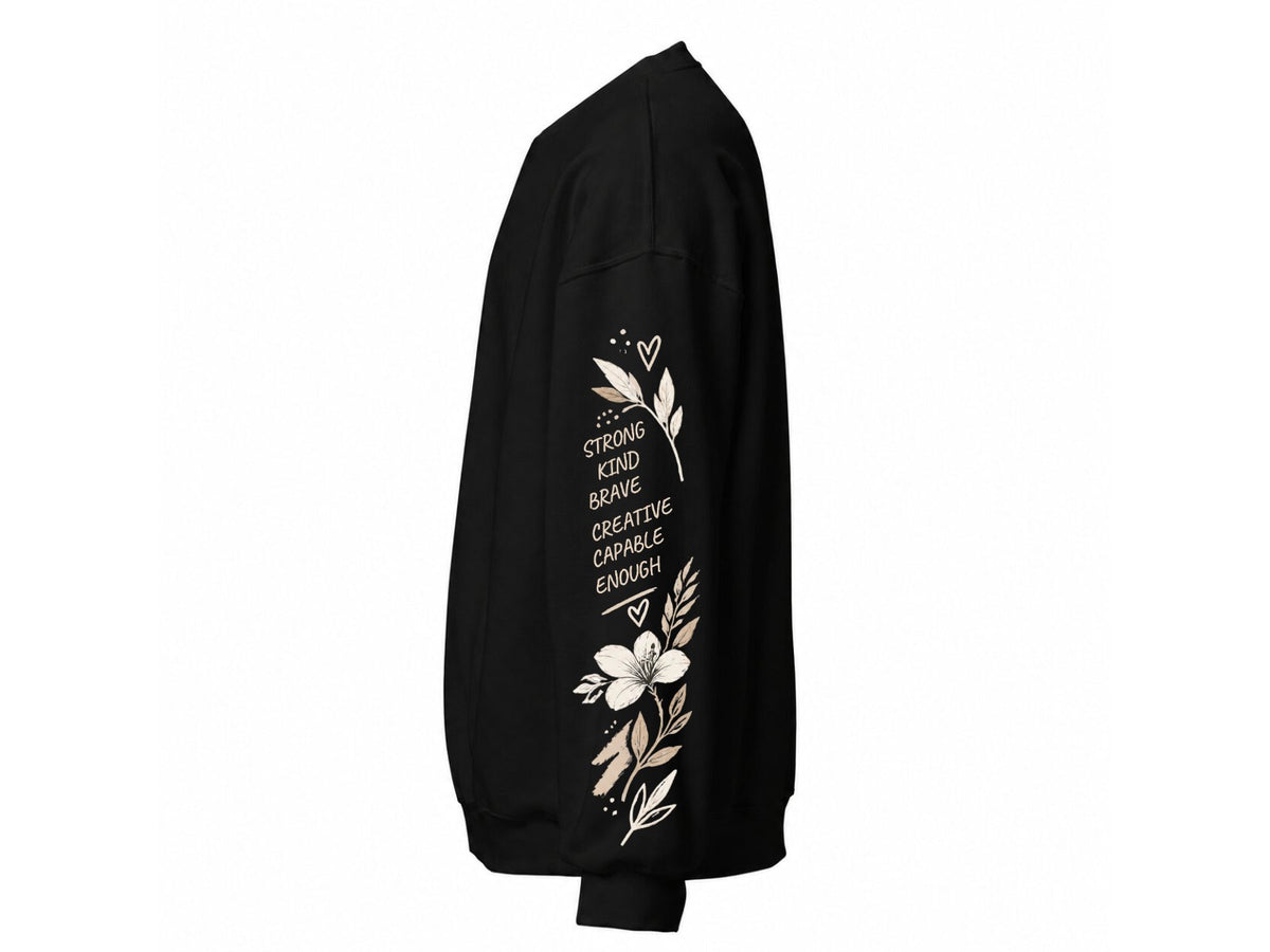 Black women's sweatshirt, left sleeve with Strong Kind Brave floral print – Marfz.pk Pakistan