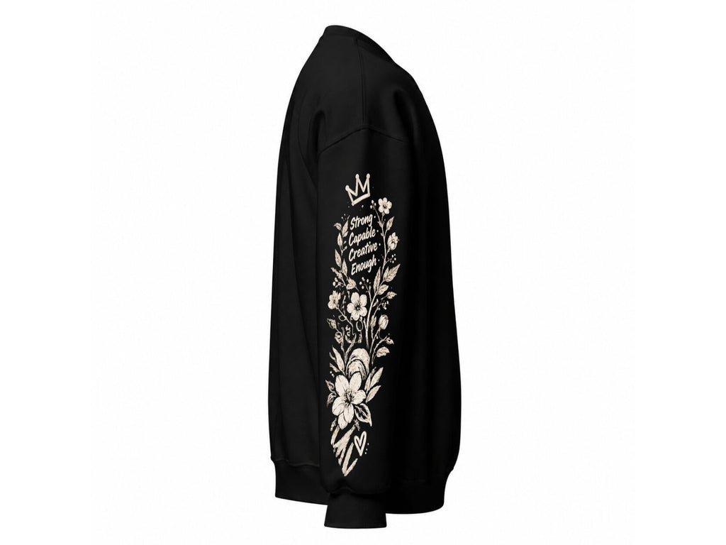 Black women's sweatshirt, right sleeve with crown and floral wreath print – Marfz.pk Pakistan