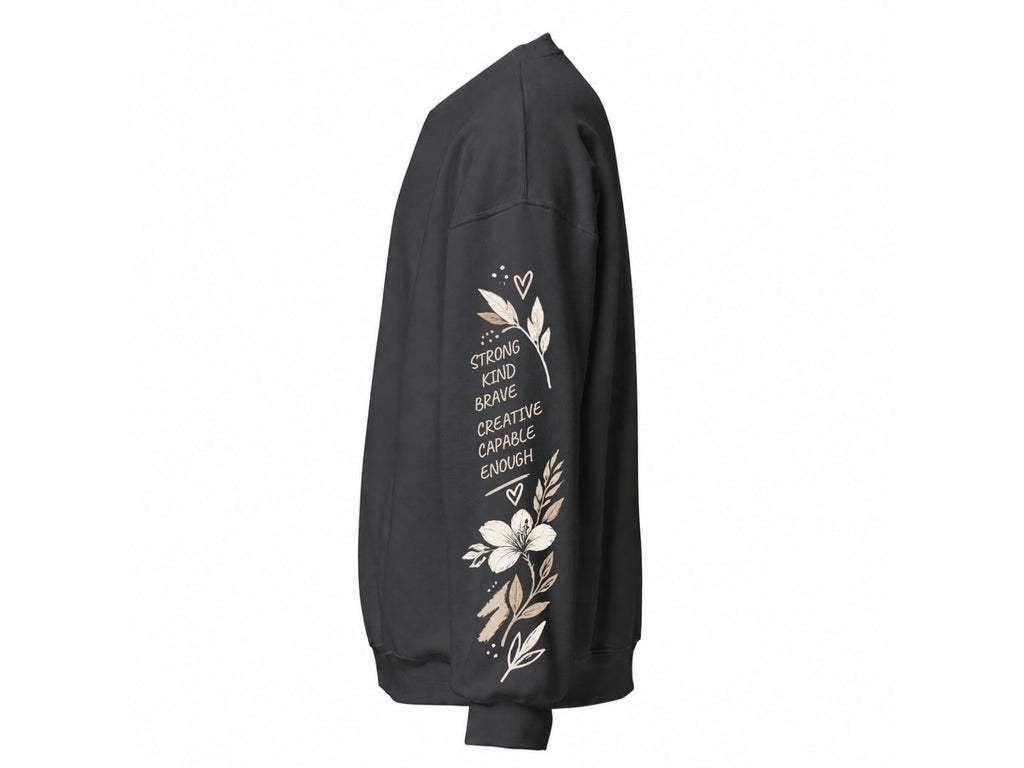 charcoal grey women's sweatshirt, left sleeve with Strong Kind Brave floral print – Marfz.pk Pakistan