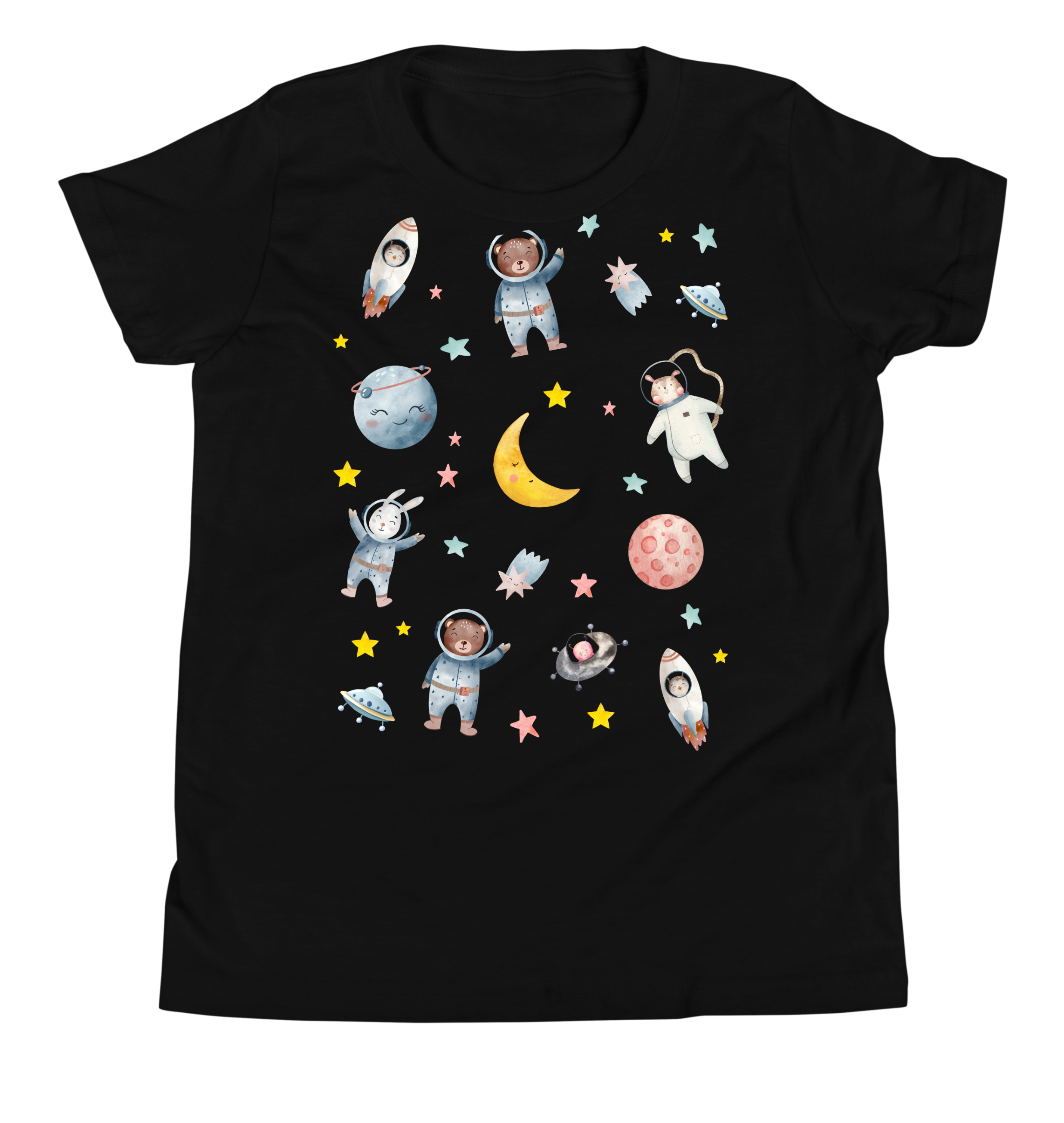 Space Adventure Kids T-Shirt (Black) – 100% Cotton Astronaut & Planets Print - Image 4